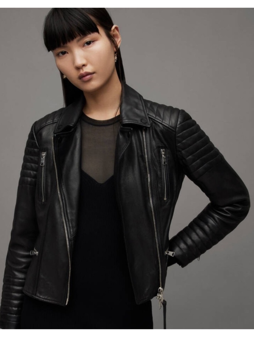 AllSaints Estella Black Lamb Leather Biker Jacket Size 4